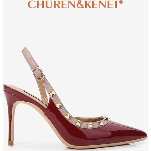 Luxury Brand Designer Women Studded High Heels Shoes 2021 Patent Leather Pointy Toe Women Pumps Stilettos Slingbacks Party Shoes