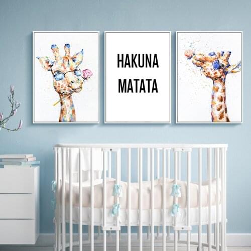 Baby Nursery Wall Art Canvas Print Animal Picture Giraffe Family Nordic Painting For Kids Bedroom Decoration HAKUNA MATATA