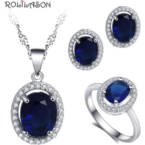 ROLILASON high-end 925 silver dark blue zircon earrings / necklace / ring / jewelry set romantic Valentines Day gift JS785