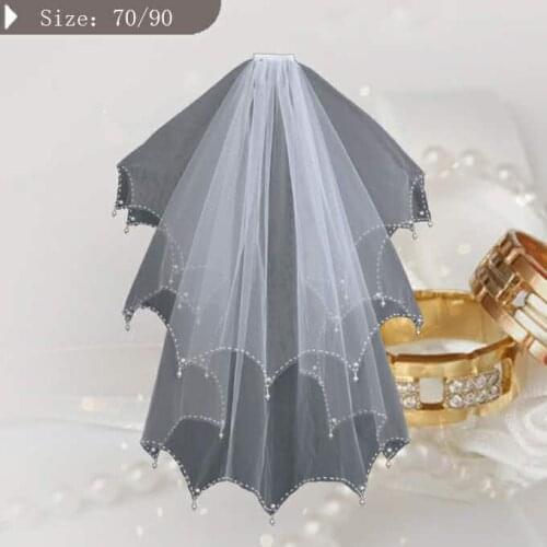 Short 2-layer beaded lace bridal veil with wedding dress veil around hem beades