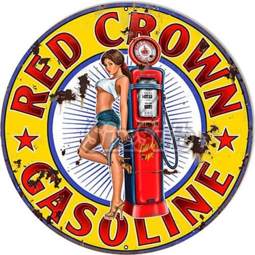 Aged Looking Red Gasoline Pin Up Girl Motor Oil Sign Garage Art Round car moto stickers and decals# 027001