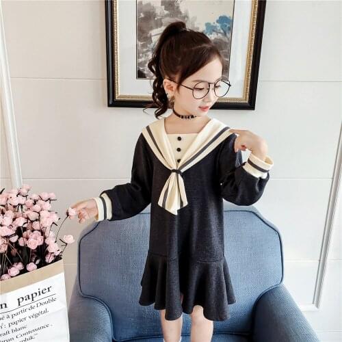 3 4 5 6 7 Years Toddler Girls Dress Fashion Korean Sailor Collar Kids Dresses for Girl Child Clothing Long Sleeve Baby Dress New