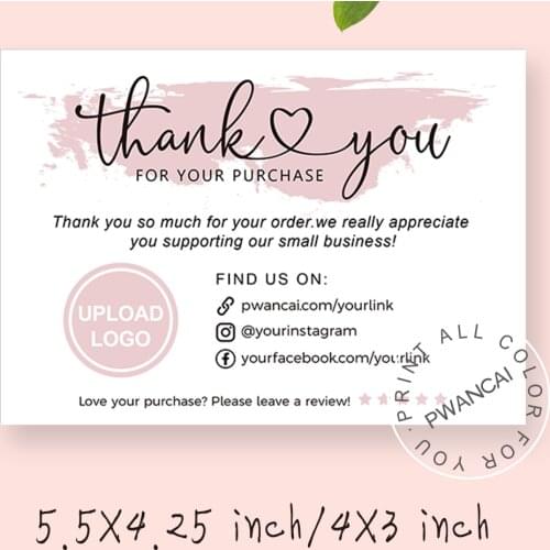 Fashion Pink Printable Small Business Thank You Cards Business Template,Packaging Insert Note With Five Stars Facebook Link&Ins
