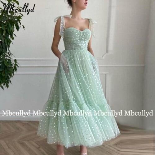 Mint Green Hearty Tulle Midi Prom Dresses Bow Straps Tea-Length A-Line Evening Dress with Pockets Women Wedding Party Dresses