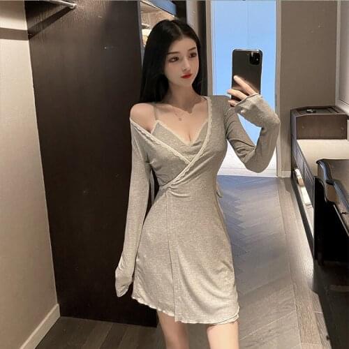 Night gown autumn new arrival bathrobe fashion sexy spaghetti strap nightdress long-sleeve slim nightgown 2PCS gowns sleepwear