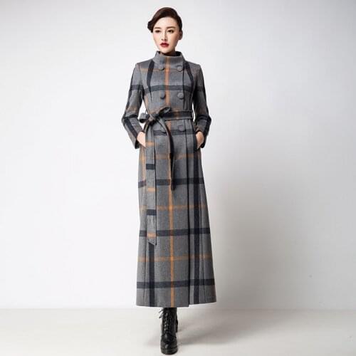 Winter 2020 new fashion stand collar double breasted cashmere coat super long slim plaid coat