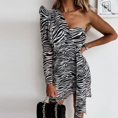 Zebra Print One Shoulder Sashes Dress Women Slim Irregular Mini Dress Autumn Sexy Long Sleeve Ladies Party Vestidos 2021 New