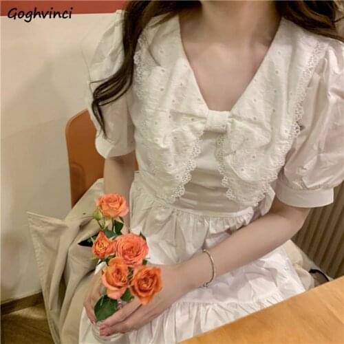 Candy Colors Puff Sleeve Dress Women Fairy Bow Peter Pan Collar Mini Dresses Sweet Girl Kawaii Princess White Vestido Female Ins