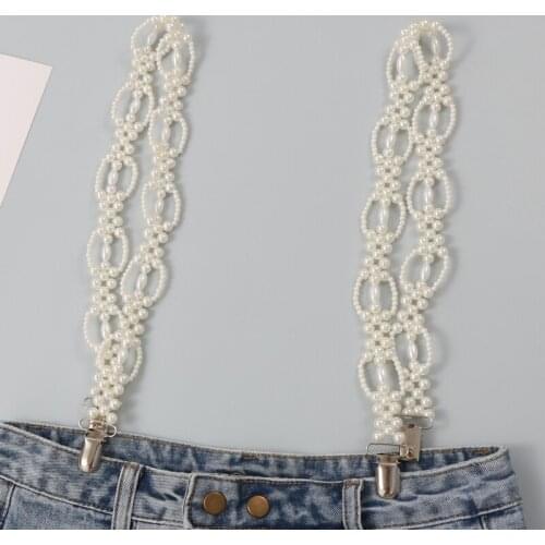 Harajuku Pearl Weaving Suspenders Women Mens Unisex Trouser Straps Adjustable Braces Clip-on Pants Pearls Suspenders Belt 2021