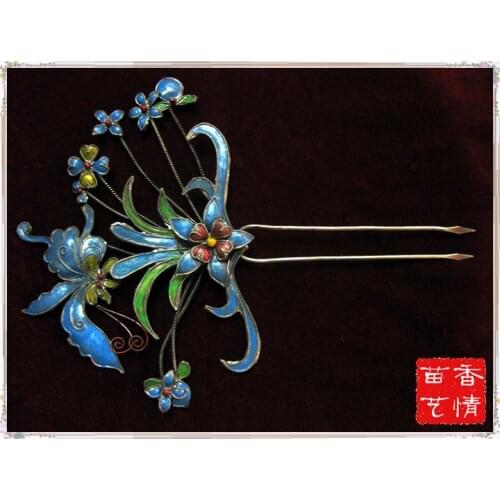 Blued Miao Silver TV Play Use Hair Stick Traditional Antique Pinach Pure Handmade Miao Silver Hair Sticks for Bride or Empress