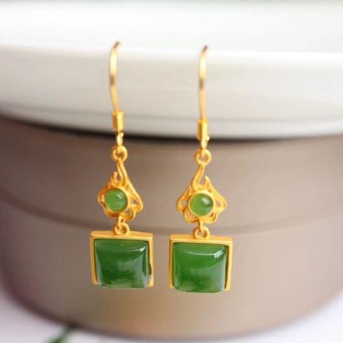 S925 Sterling Silver Jasper Earrings Natural Hetian Jade Green Jade Square Earrings Super Mori Hypoallergenic Earrings Jewelry