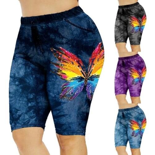 Yoga Shorts Women High Waist Plus Size Shorts Faux Denim 3D Butterfly Print Shorts Jeggings Workout Sports Gym Casual Short