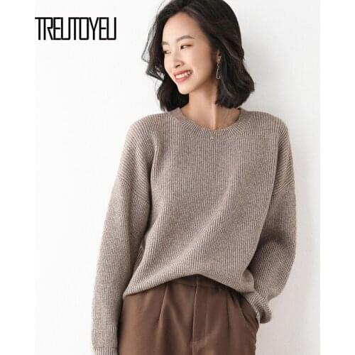 Treutoyeu Olive Cashmere Knitted Sweater Women 2020 Winter Autumn Korean O-neck Long Sleeve Loose Pullover Jumper Femme Jacket