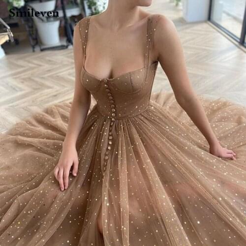Smileven Glittering Stars Sequined Prom Dresses Puff Sleeves A-Line Short Evening Dresses Starry Tulle Ankle Length Party Dress