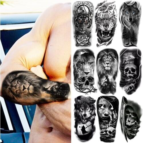 Black Knight Lion Temporary Tattoos For Men Adults Realistic Tiger Wolf Scary Skull Samurai Fake Tattoo Sticker Arm Leg Tatoos