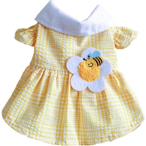 Pet Skirt Plaid Printing Turndown Collar Polyester Ruffled Hem Dog Yellow Stripes Small Fresh Flowers Princess Dress For Summer