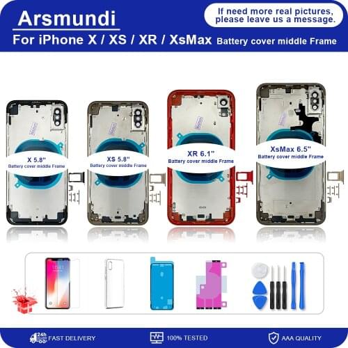 For iPhone X Xs Max XR Battery Back Cover + Middle Chassis Frame + SIM Tray + Side Key Parts Housing Case No Flex Cable