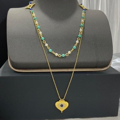 SLJELY Fashion S925 Sterling Silver Yellow Gold Color Heart Medal and Blue Stone Double Chain Adjustable Necklace Women Jewelry