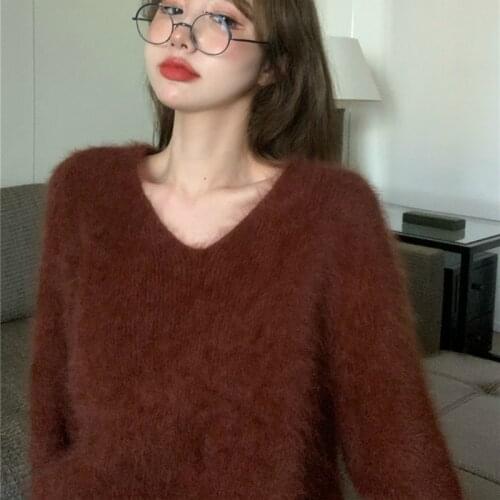 Women Autumn Winter Elegant Loose Fuzzy Warm V Neck Sweater Leisure Knitted Pullovers Casual Jumpers Tops