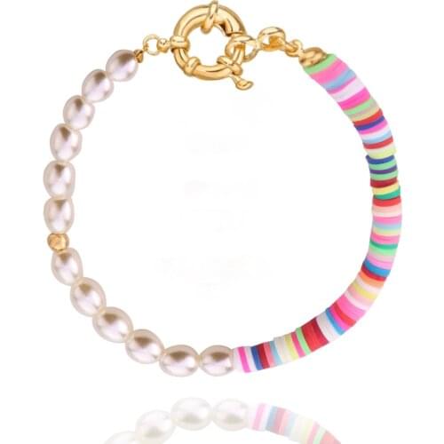 Oval Imitation Pearls Beaded Bracelet for Women Gold Color Soft Ceramic Hand Chain Clasp Bracelets Female 2021 Fashion Jewelry
