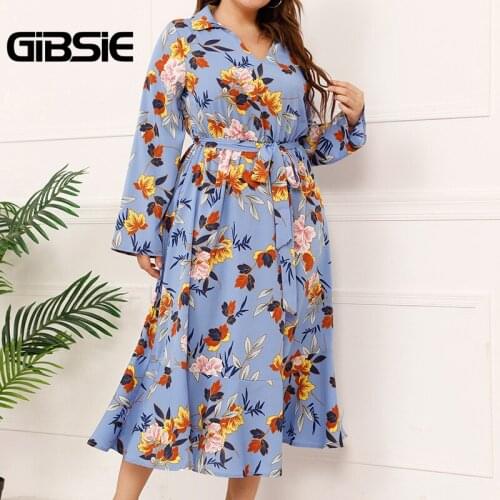 GIBSIE Plus Size Notched Neck Belted Print Long Dress Women Autumn High Waist Boho Long Sleeve Ruffle Hem Dresses 2021 New