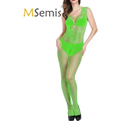 Womens See-through Fishnet Mesh Bodysuit Transparent Crotchless Bodystocking Round Neck Sleeveless Tights Nightwear Sleepwear