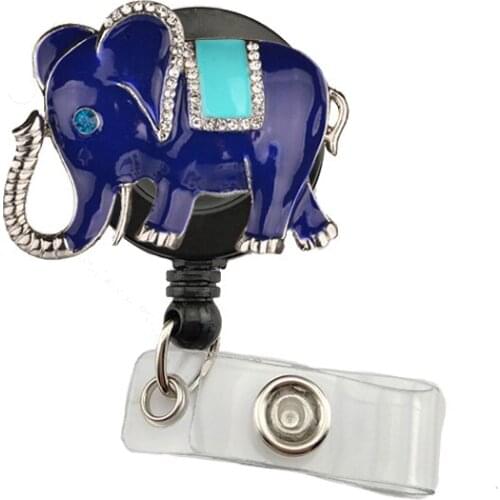 10pcs Rhinestone Blue Enamel Elephant Retractable Badge Holder Reel With Soft Strap Animal Shape Name Card Clips Free Shipping