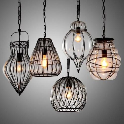 American retro glass pendant light single head iron cage restaurant bar cafe hanging light lamp