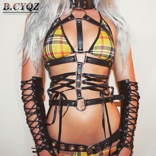 UYEE Gothic Harness Bondage Belt PU Leather Festival Sexy Crop Top Strap Neck Women Nightclub Pole Dance Clothing Garter Belts