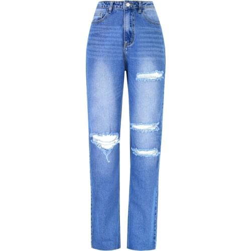 Korean fashion boyfriend hole jeans woman high waist denim trousers casual ripped jeans for women vintage mom jeans vintage blue