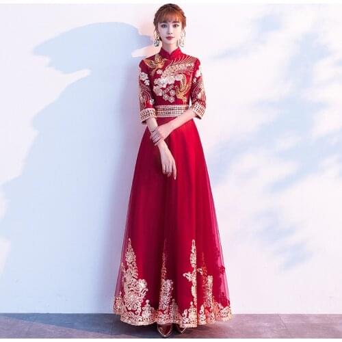 Chinese Slim Bride Wedding Banquet Cheongsam Dress Vintage Mandarin Collar Lady Long Qipao Embroidery Phoenix Evening Prom Gown