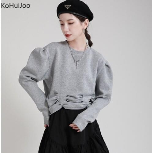 KoHuiJoo Short Hoodies Sweatshirts Women O Neck Pleated Long Sleeve Pullover Loose Fashion Girls Streetwear Autumn Sport Top