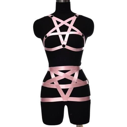 Fashion Pink Underwear Pentagram Body Harness Set Belt Rave Wear Body Cage Adjust Sexy Lingerie Open Chest Bondage Harness Bra