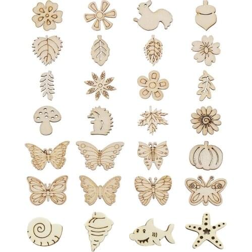 50Pcs Unfinished Wooden Cutouts Blank Slices Kids Painting DIY Crafts Scrapbooking Home Decor Flower Leaf Butterfly Ocean Animal