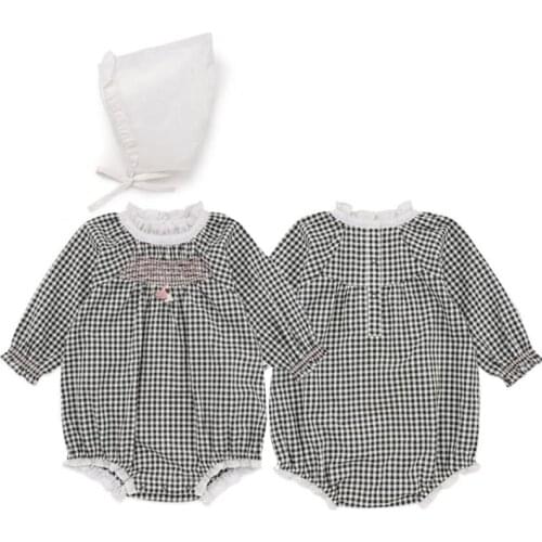 New Autumn Newborn Girls Loving Heart Jumpsuits Ruffle Clothes 1-3Yrs Baby Grid Rompers Bait Long Sleeve Children Rompers + Hat
