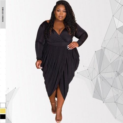 Autumn Plus Size Womens Outfit Solid Color High Waist Split Fork Sexy V Neck Folds Commute Midi Dress Wholesale Dropshipping