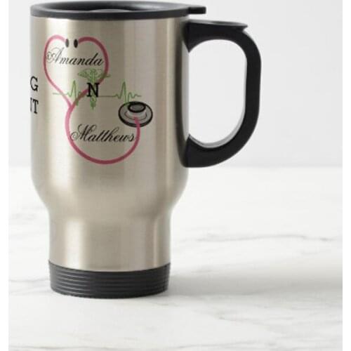 Pink Stethoscope Nursing Student Caduceus Name Travel Mug Stainless Steel coffee Cup with Handle - Great Gift Mugs 14 Ounce