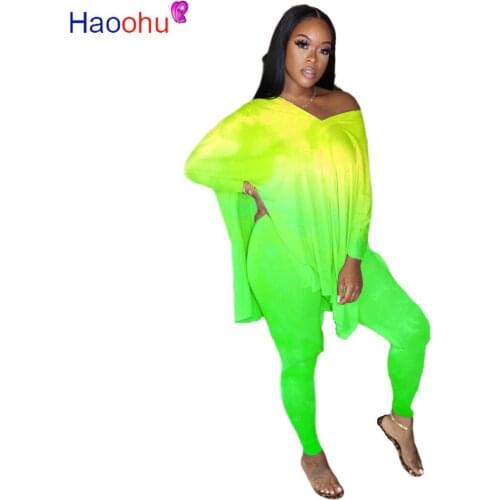 Sexy Plus Size Tracksuit Women Gradient Side Split Loose Long Top and Skinny Jogger Legging Lounge Wear 2 Piece Matching Outfits