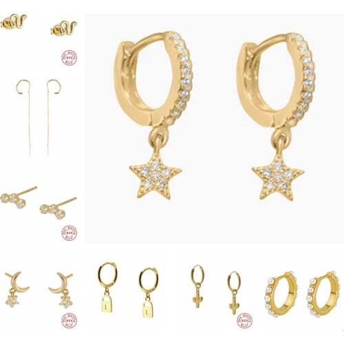 Real 925 Sterling Silver Earring For Women Girls Star Zircon Earrings Silver Gold Color Huggie Hoop Earring Oorbellen Gifts