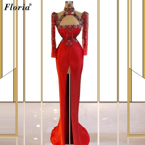 Muslim Long Sleeves Evening Dresses With Beads Red Middle East Evening Gowns Special Occasion Party Dresses Sukienki Vestido