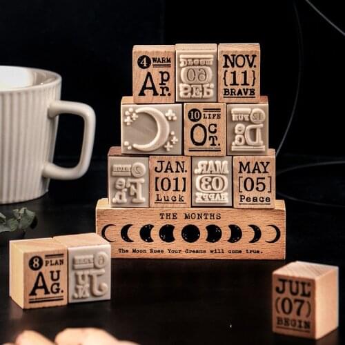 Vintage 12 Months Mon Bullet Journal Wooden Rubber Stamp Set DIY For Scrapbooking Card Making Photo Album Decorative Stamps
