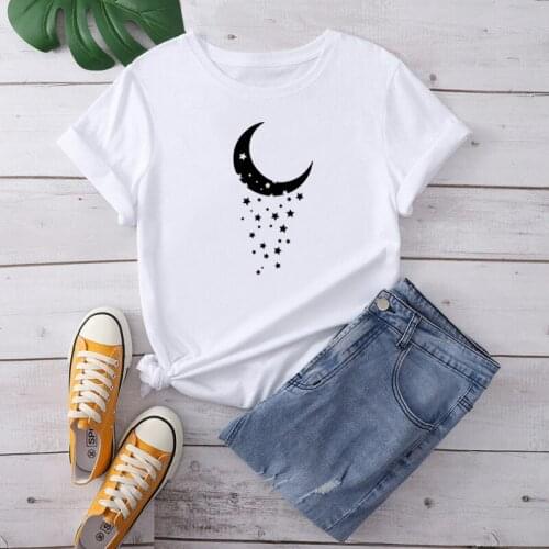 Ladies Fashion Tee Shirt Tops Clothes Camisetas Mujer White Moon Print Women T Shirt Short Sleeve O Neck Loose Women Tshirt