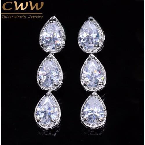 CWWZircons Top Quality Brilliant Silver Color CZ Cubic Zircon Long Tear Drop Earrings for Bridesmaid Gift Jewelry CZ049