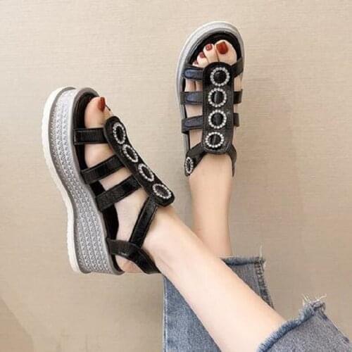 Summer Hot Sale Solid Color Simple Slope With Thick Bottom Roman Style Fashion Hollow Exquisite Rhinestone Ladies Sandals