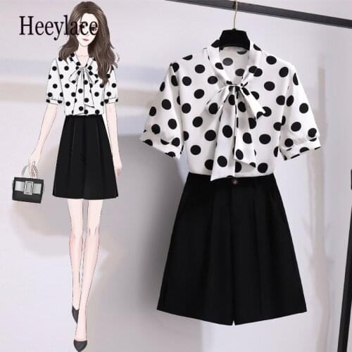 Office ladies elegant two piece set for women Summer short sleeve bow collar polka dot chiffon top and black wide leg shorts set