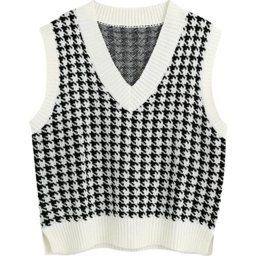 Women Fashion Houndstooth Knitted Vest Sweater Casual Vintage Sleeveless Side Vents Pullover Sweater Female Waistcoat Chic Tops