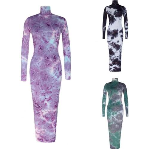 Women Fashion Charming Bodycon Dress Tie Dye Print Skinny Stretchy Long Sleeve Turtleneck Ankle Length Dress forDailywear Dating