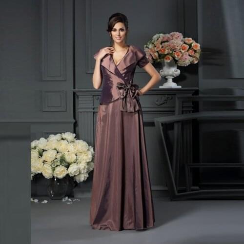 Womens Latest Full Length Taffeta Short Sleeve Mother of the Bride Dresses V Neckline Bow Pleating Wedding Party Gowns