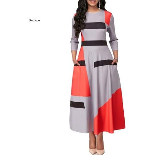 Women Dress Vintage A-Line Geometric Pockets Ankle-Length O-Neck Autumn Formal Dress for Women Elegant New Plus Size