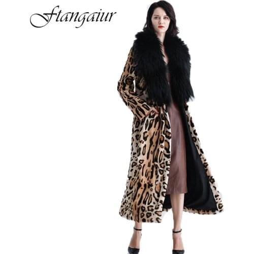 Ftangaiur 2019 Winter Import Mink Fur Coat Full Sleeve Leopard With Fox Fur Collar Mink Coat Womens X-Long Real Mink Fur Coats